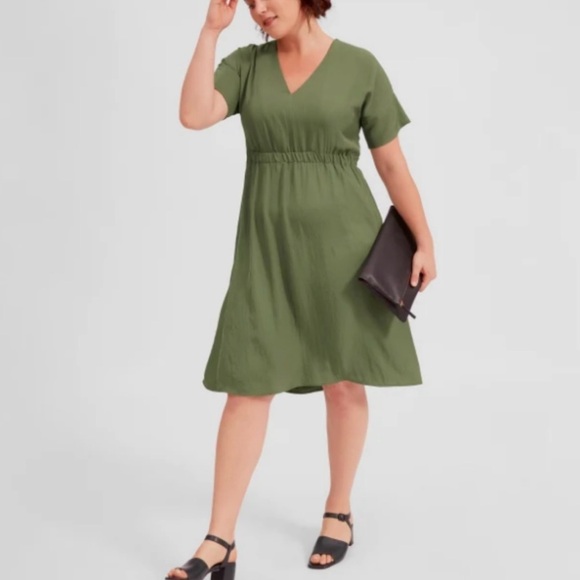 Everlane Japanese Goweave V-Neck Midi Dress in Olive Green Size 4 - Picture 1 of 16